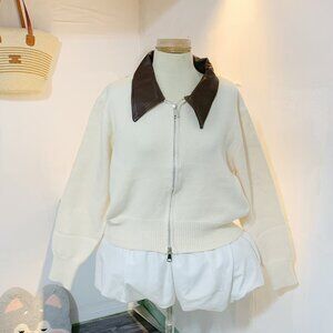 Cream Knit Cardigan Brown Leather Collar